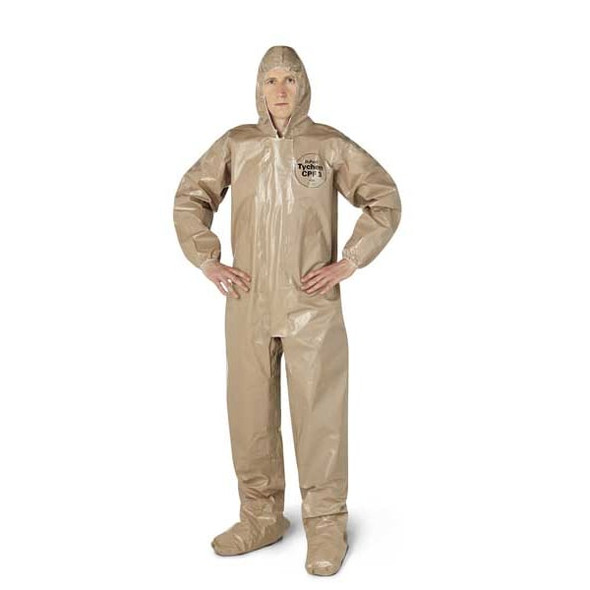 Standard Fit Hood. Elastic Wrists. Attached Socks. Storm Flap with Adhesive Closure. Tan. LG