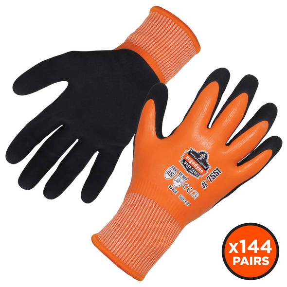 Ergodyne Orange Coated Waterproof Winter Work Gloves, L, A5, PK144 7551-CASE