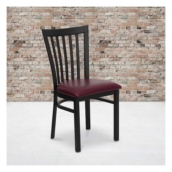 Black School House Back Metal Restaurant Chair,Burgundy Vinyl Seat,PK2