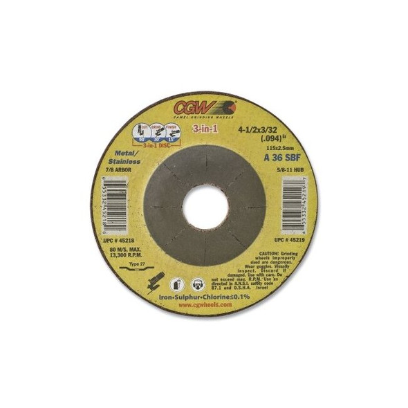 3-in-1 Cut/Grind/Finish Wheel, 4-1/2 in dia, 3/32 in Thick, 36 Grit, 13300 RPM