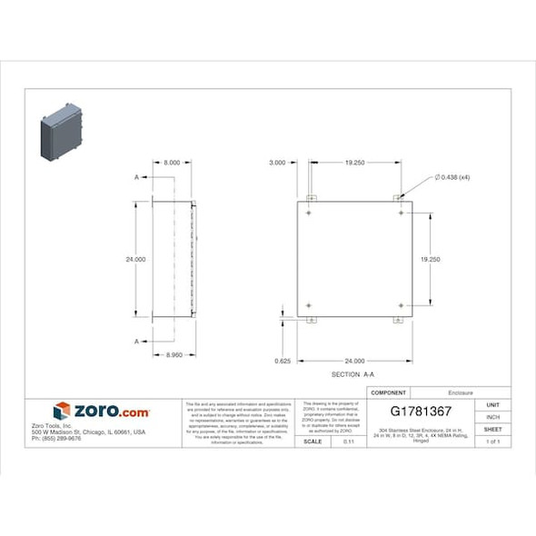 Padlockable Hasp with Clamps Electrical Enclosures, 24 in H, 8 in D, 24 in W, 12, 13, 3R, 4, 4X