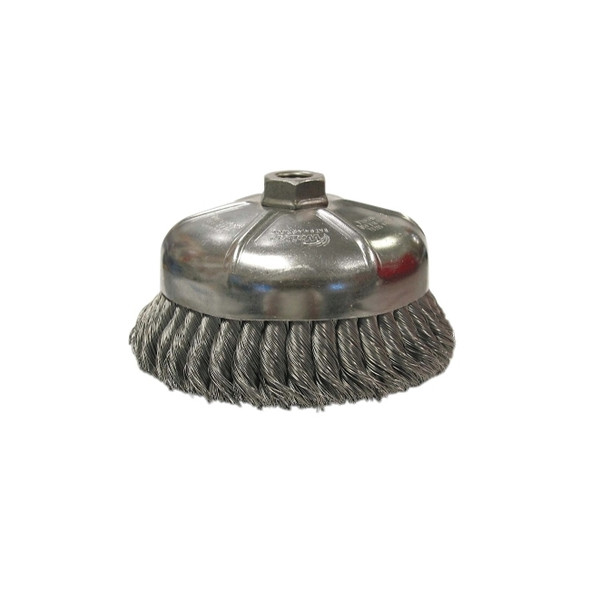 Single Row Heavy-Duty Knot Cup Brush, 6 in Dia., 5/8-11 UNC, 1 3/8 x .035 Steel