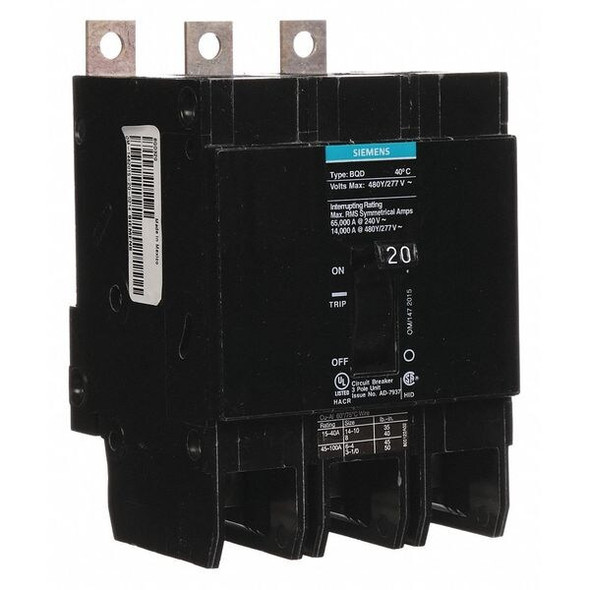Miniature Circuit Breaker, BQD Series, 20A, 3 Pole, 480V AC, 14kA at 480V AC