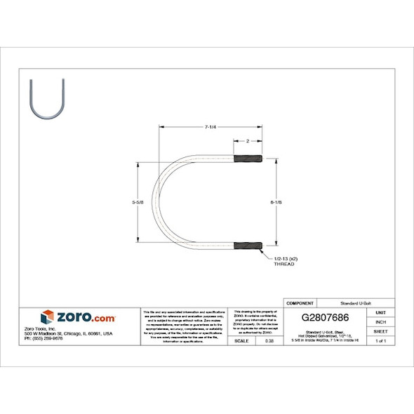 Round U-Bolt, 1/2"-13, 5 5/8 in W, 7 1/4 in H, Hot Dipped Galvanized Steel, 5 PK