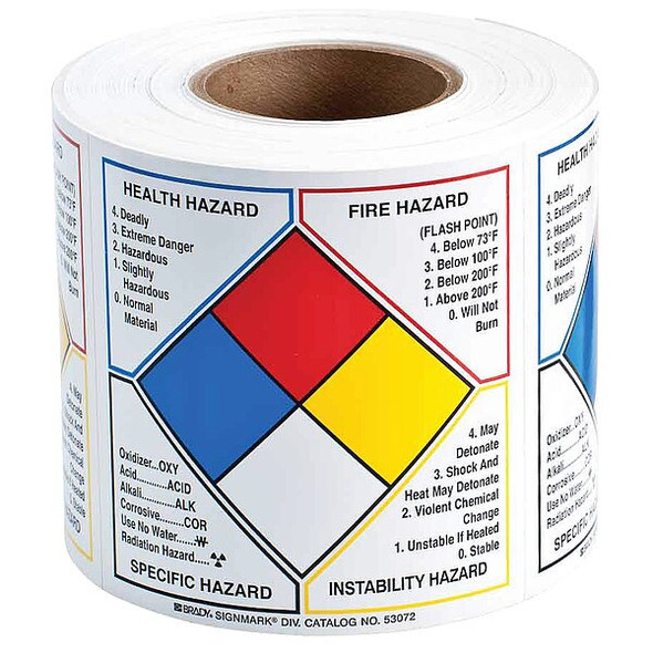 Brady NFPA Label,6 In.H,6 In.W,500 Labels, PK500 53072
