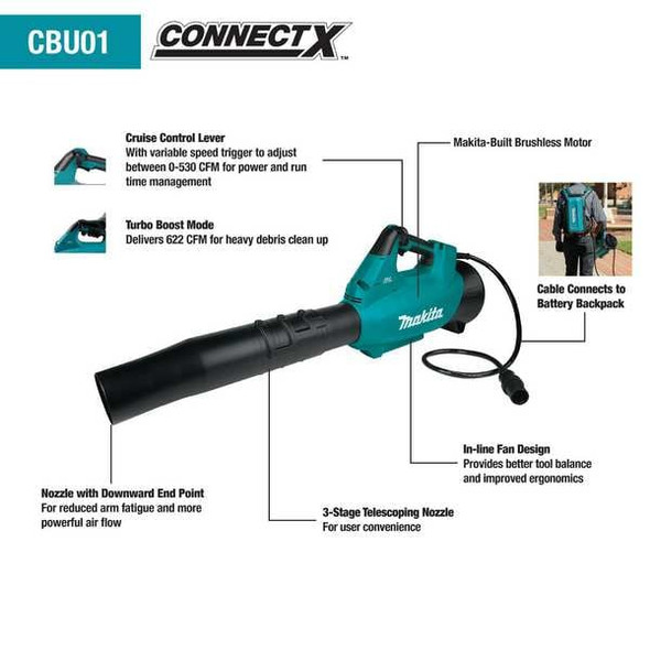 Makita ConnectX 40 V Battery Powered Leaf Blower, 622 cfm, 157 mph, Bare Tool, 59 dB(A) CBU01Z