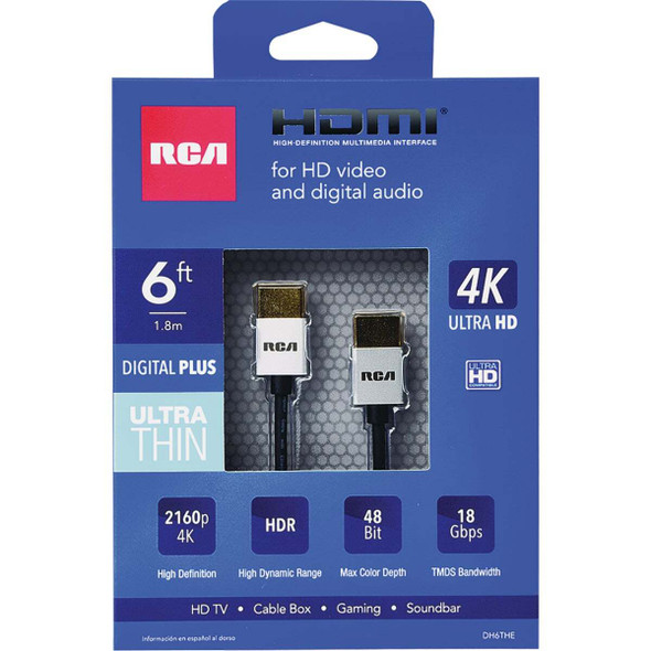 RCA 6 Ft. Black 4K Ultra Thin HDMI Cable DH6THE