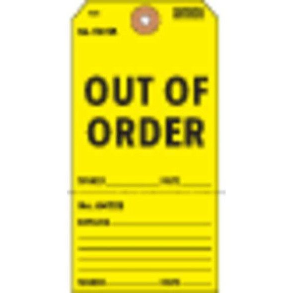 Tag, Out of Order, Cardstock, 5 3/4 in H x 2 7/8 in W, Yellow, Rectangle, 100 PK