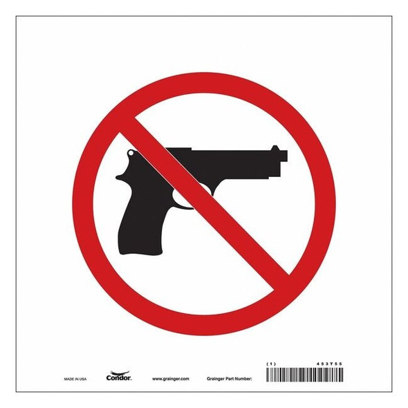 No Concealed Weapons Sign, 10 in Height, 10 in Width, Vinyl, Square, English