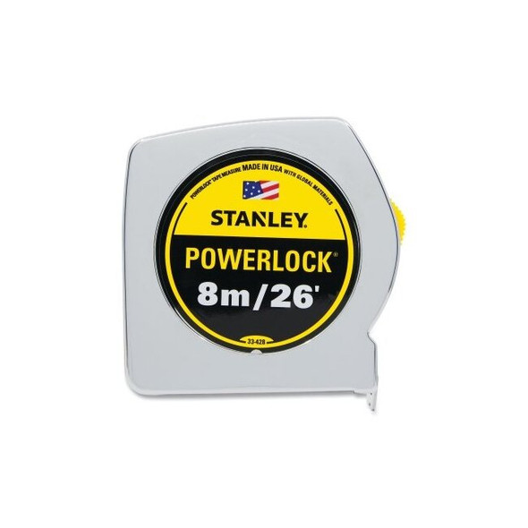 Powerlock® Tape Rules Wide Blade, 26 ft L, 1 in W, SAE/Metric, Chrome/Yellow