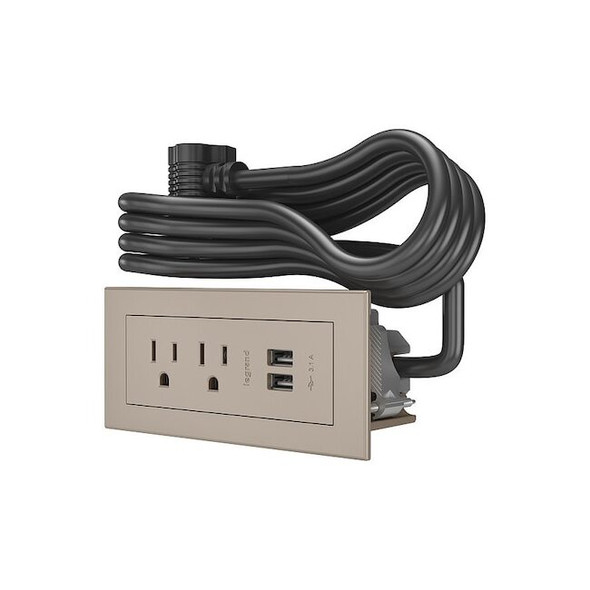 Legrand Outlet Strip, USB, 2 NEMA 5-15P, 5-15P, 6 ft., Nickel RDZNI