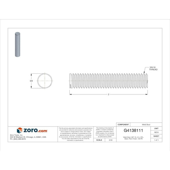 Nelson Stud Welding NELSON 2" Drawn Arc Weld Stud,PK100 101-010-127-G100 Nelson Stud Welding NELSON 2" Drawn Arc Weld Stud,PK100 101-010-127-G100