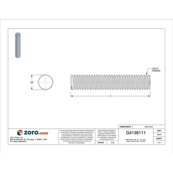 Nelson Stud Welding Weld Stud, 3/8"-16, 2 in, CFL, Steel, Plain Finish, 100 PK 101-010-127-G100