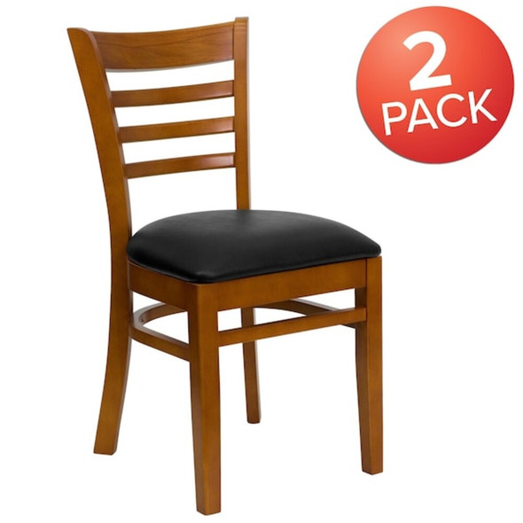 Ladder Back Cherry Wood Restaurant Chair,Black Vinyl Seat,PK2  2-XU-DGW0005LAD-CHY-BLKV-GG