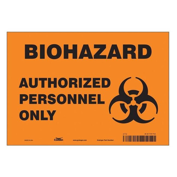 Biohazard Sign, 7 in H, 10 in W, Vinyl, Vertical Rectangle, English, 447V74