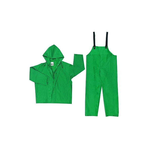 Two-Piece Rain Suit, Jacket w/Hood, Bib Pants, 0.42 mm PVC/Poly, Green, X-Large
