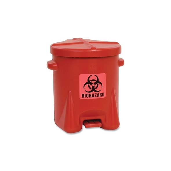 Poly Waste Can, Biohazardous, 6 gal, Red, Includes Foot Lever