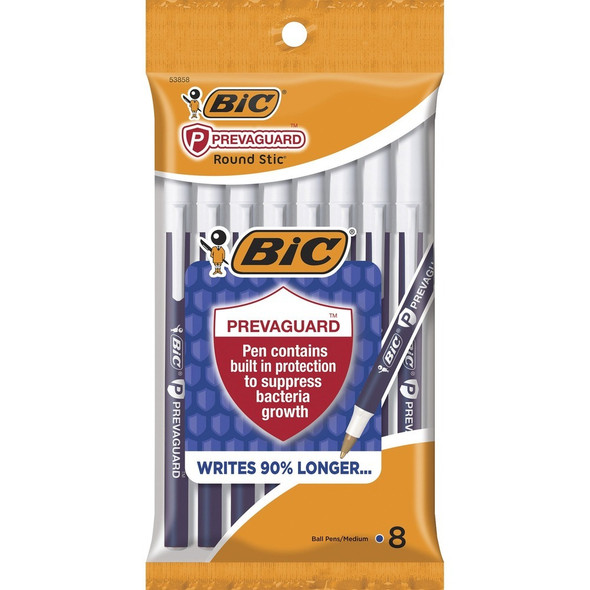 BIC PrevaGuard Round Stic Ballpoint Pen - Round Pen Point - Blue Ink - 8 / Pack