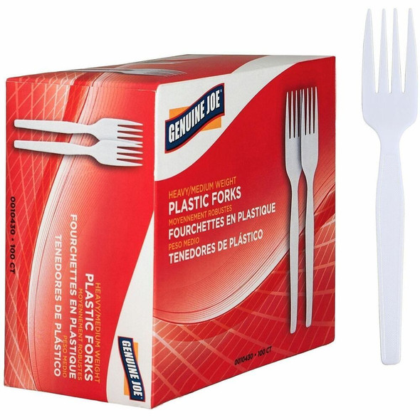 Genuine Joe Medium-Heavyweight Plastic Forks - Disposable - White - 100 / Box
