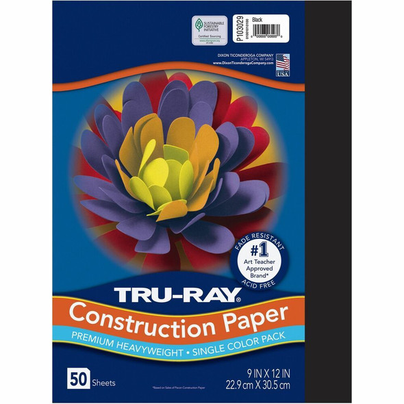 Tru-Ray Construction Paper - 12" Width x 9" Length - Black - Sulphite - 1 Pack