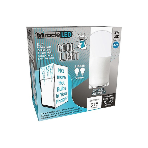 3 W, Compact LED Bulb, White, A15, 6500K Temp. Frosted, Non-Dimmable,PK2