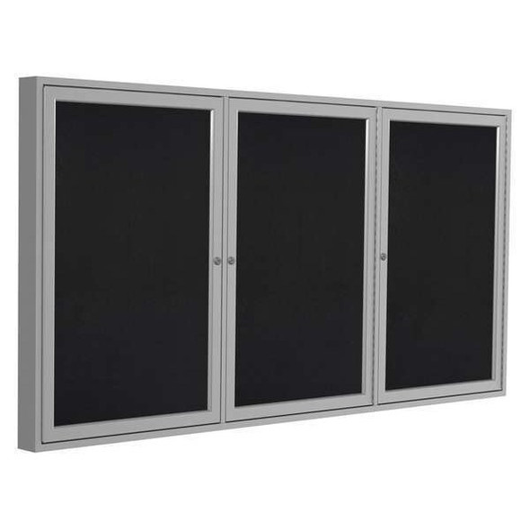 Ghent Enclosed Rubber Bulletin Board 48"x96", 3 Hinged Door, Black PA34896TR-BK