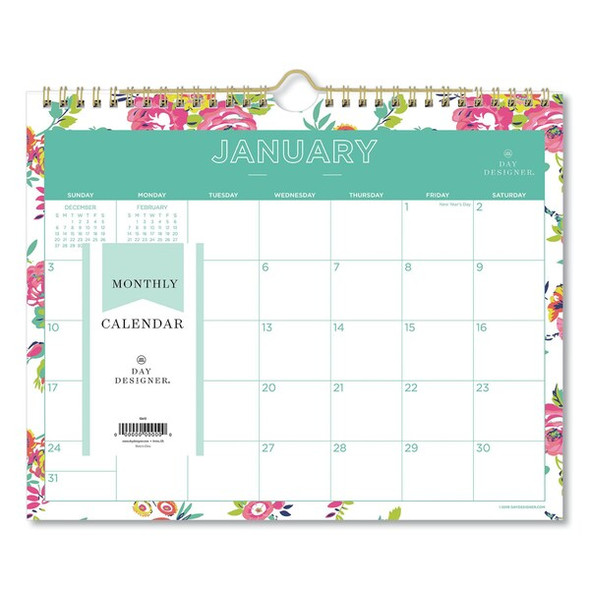 Day Designer Wirebound Wall Calendar, 11 x 8 3/4, White Floral, 2020