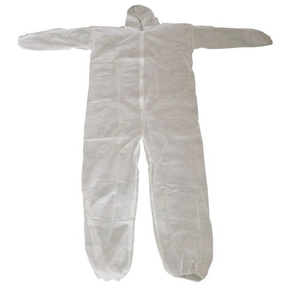 Condor Hooded Disposable Coveralls, L, White, polypropylene, zipper 26W768