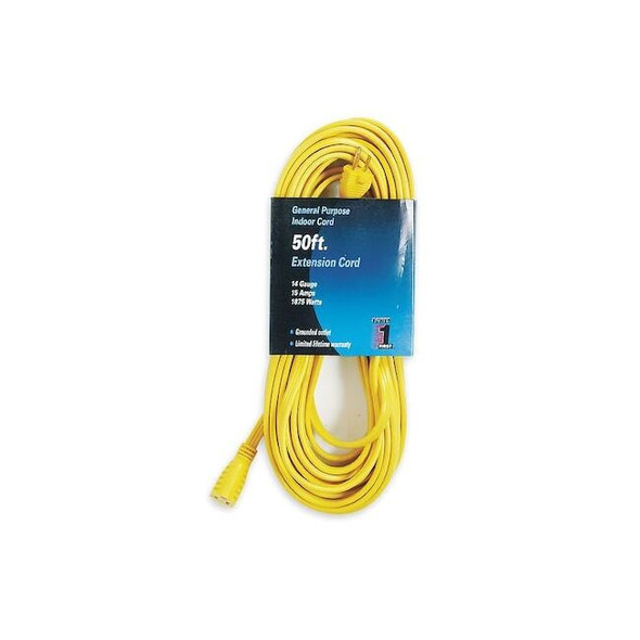 SPT-3 Indoor Extension Cord, 14 AWG 1 Outlet, 5-15R, Yellow, PVC, 5-15P, 50ft