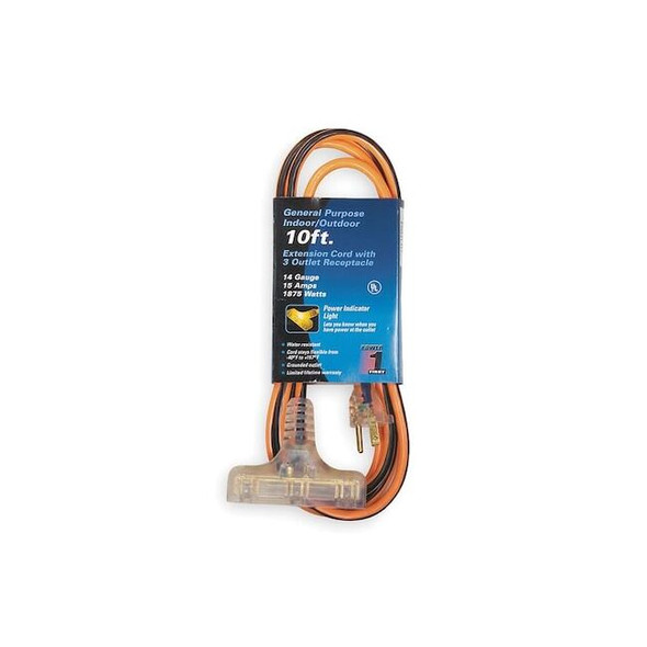 SJTW Outdoor Extension Cord, 14 AWG 3 Outlets, PVC, 5-15R, Orange/BLK, 5-15P