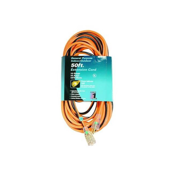 SJTW Outdoor Extension Cord, 14 AWG 1 Outlet, 5-15R, Orange/Black, PVC, 5-15P