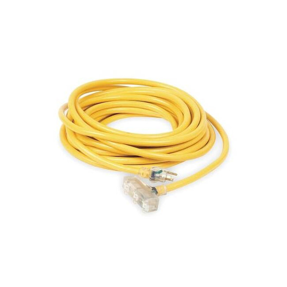 SJTW Extension Cord, 10 AWG 3 Outlets, 5-15R, Yellow, PVC, 5-15P, 50ft