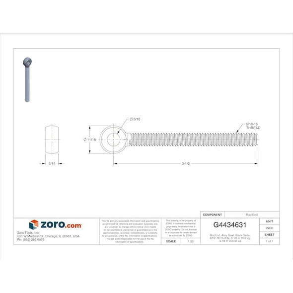 Rod End, Alloy Steel, Black Oxide, 5/16"-18 Thrd Sz, 3 1/2 in Thrd Lg, 3-1/2 in Overall Lg