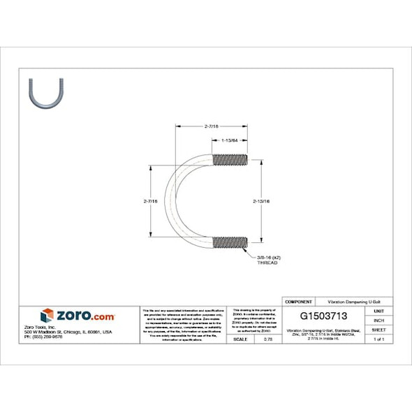 Zsi Vibration-Dampening U-Bolt, 3/8"-16, 2 7/16 in W, 2 7/16 in H, Plain Stainless Steel UB1-1/2PA6