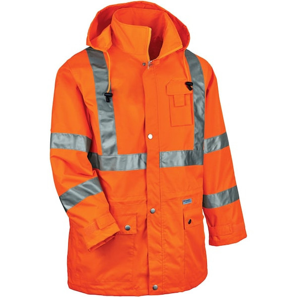 Ergodyne Rain Jacket with Hood, Polyester, Class 3 Type R, Orange, 3XL 8365