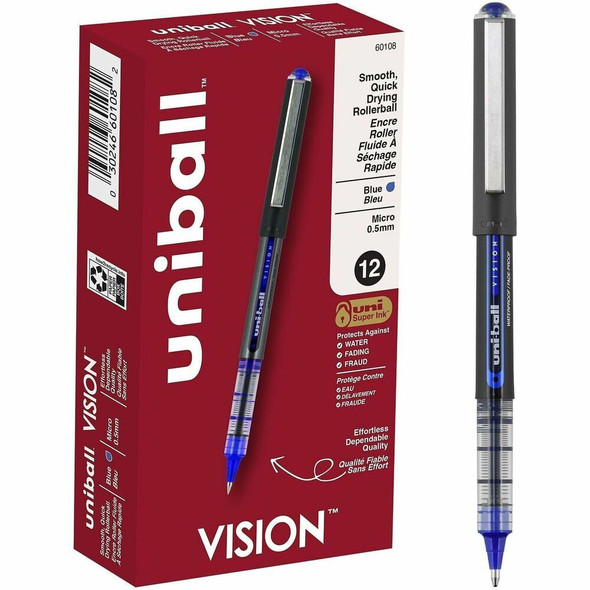 uniball™ Vision Rollerball Pens - 0.5 mm Pen Point - Blue Ink - 12 / Dozen