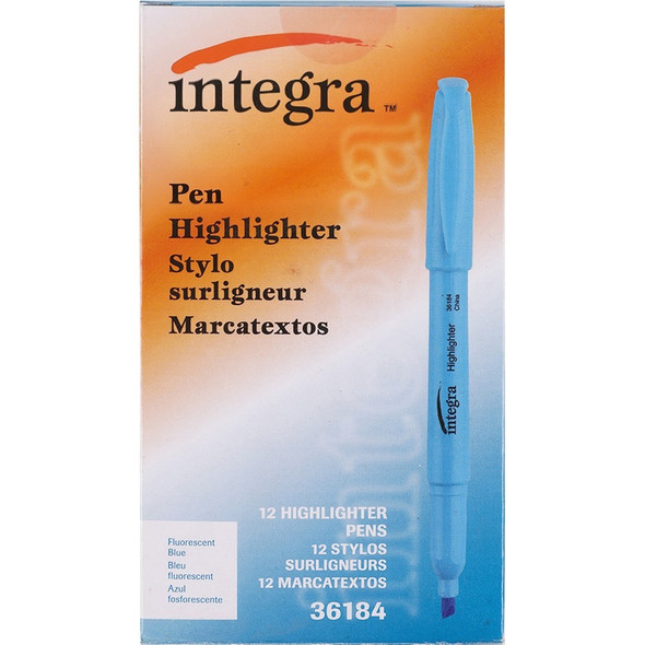 Integra Pen Style Fluorescent Highlighters - Fluorescent Blue Ink - 1 Dozen