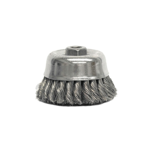 Heavy-Duty Knot Wire Cup Brush, 4 in Dia., 5/8-11 UNC Arbor, .014 in Steel