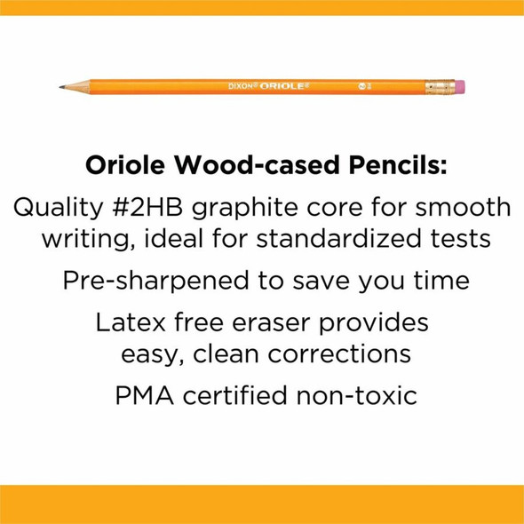 Dixon Oriole HB No. 2 Pencils - Black Lead - #2 - Yellow Wood Barrel - 144 - Box 12866 SPR-DIX12866