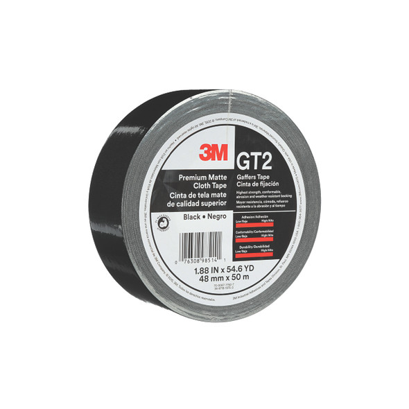 GT2 Matte Cloth Gaffers Tape, 1.88 in x 54.68 yd, 11 mil, Black