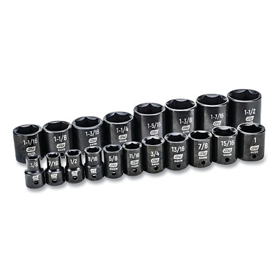 Impact Socket Set, 1/2 in Dr, 6-point, SAE, 3/8 in to 1-1/2 in, 19-Pc Standard Length, Incl Blow Mold Case