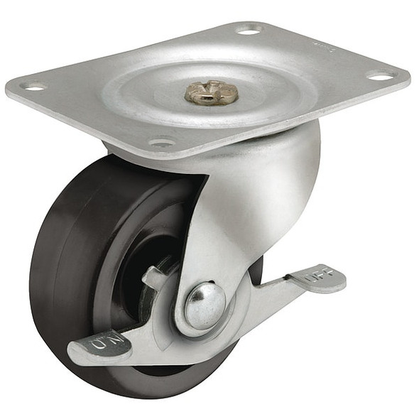 4" X 1-3/8" Non-Marking Polyolefin Swivel Caster, Side Brake, Loads Up To 250 lb