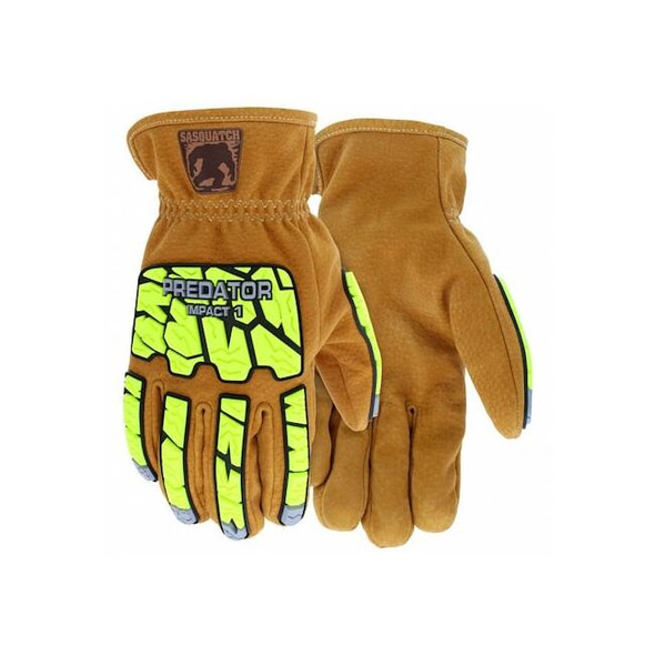 Leather Drivers Gloves, Slip-On Cuff, Wing Thumb, Brown / Brown/Green, S, 1 PR