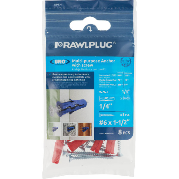 Rawlplug Uno 1/4 In. Multi-Purpose Anchor with #6 x 1-1/2 In. Screw (8-Pack) Clip Strip (12-Piece)