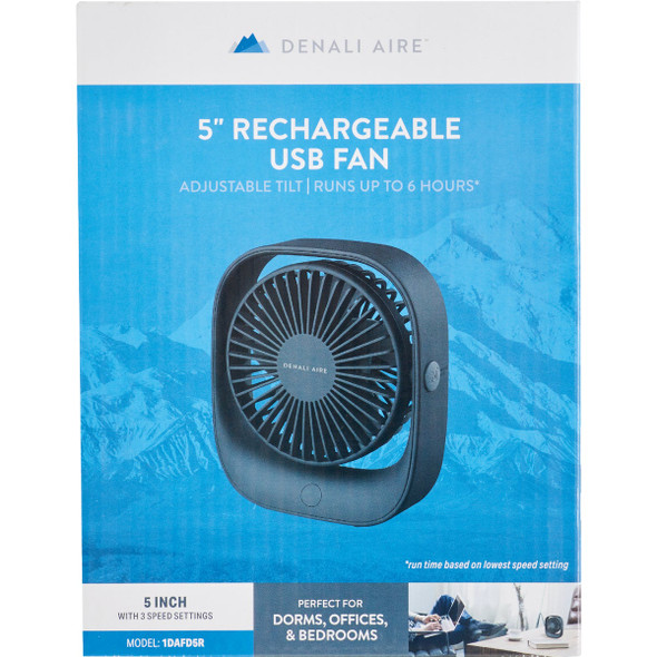 Denali Aire 5 In. 3-Speed Black Rechargeable USB Table Fan