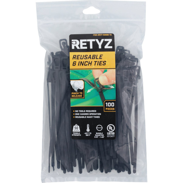 RETYZ EveryTie 6 In. Black Releasable Tie (100-Pack) EVT-S06BK-TA