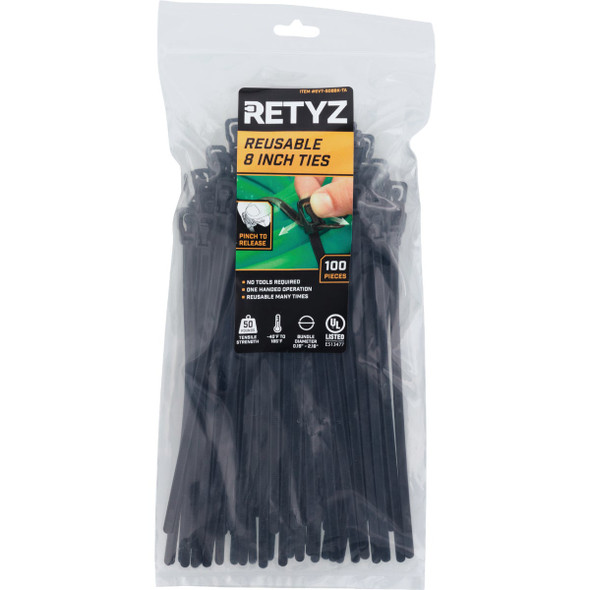 RETYZ EveryTie 8 In. Black Releasable Tie (100-Pack) EVT-S08BK-TA