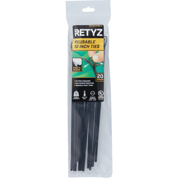 RETYZ EveryTie 10 In. Black Releasable Tie (20-Pack) EVT-S10BK-HA