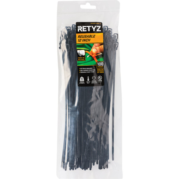 RETYZ EveryTie 12 In. Black Releasable Tie (100-Pack) EVT-S12BK-TA 544650