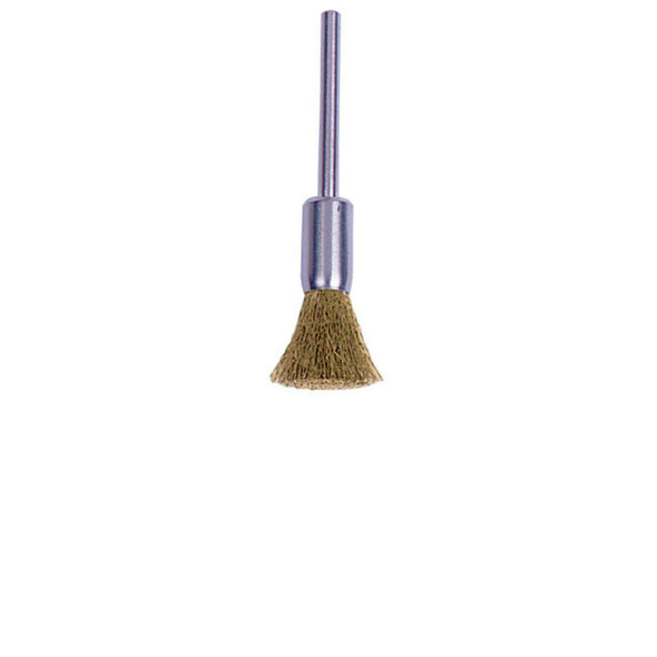 Miniature Wire End Brush, Brass, 1/4 in Brush dia, 0.005 in Bristle dia, 1-1/4 in Stem L, 37000 rpm Miniature Wire End Brush, Brass, 1/4 in Brush dia, 0.005 in Bristle dia, 1-1/4 in Stem L, 37000 rpm